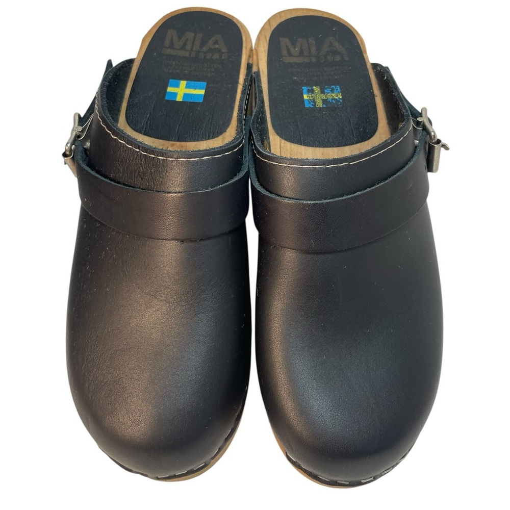 MIA Sweden Black Leather Alma Clog Adjustable Strap Buckle Womens Size 36 EU